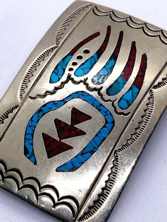 Southwest Signed Sterling Silver Turquoise Shell Inlay Buckle main image 8